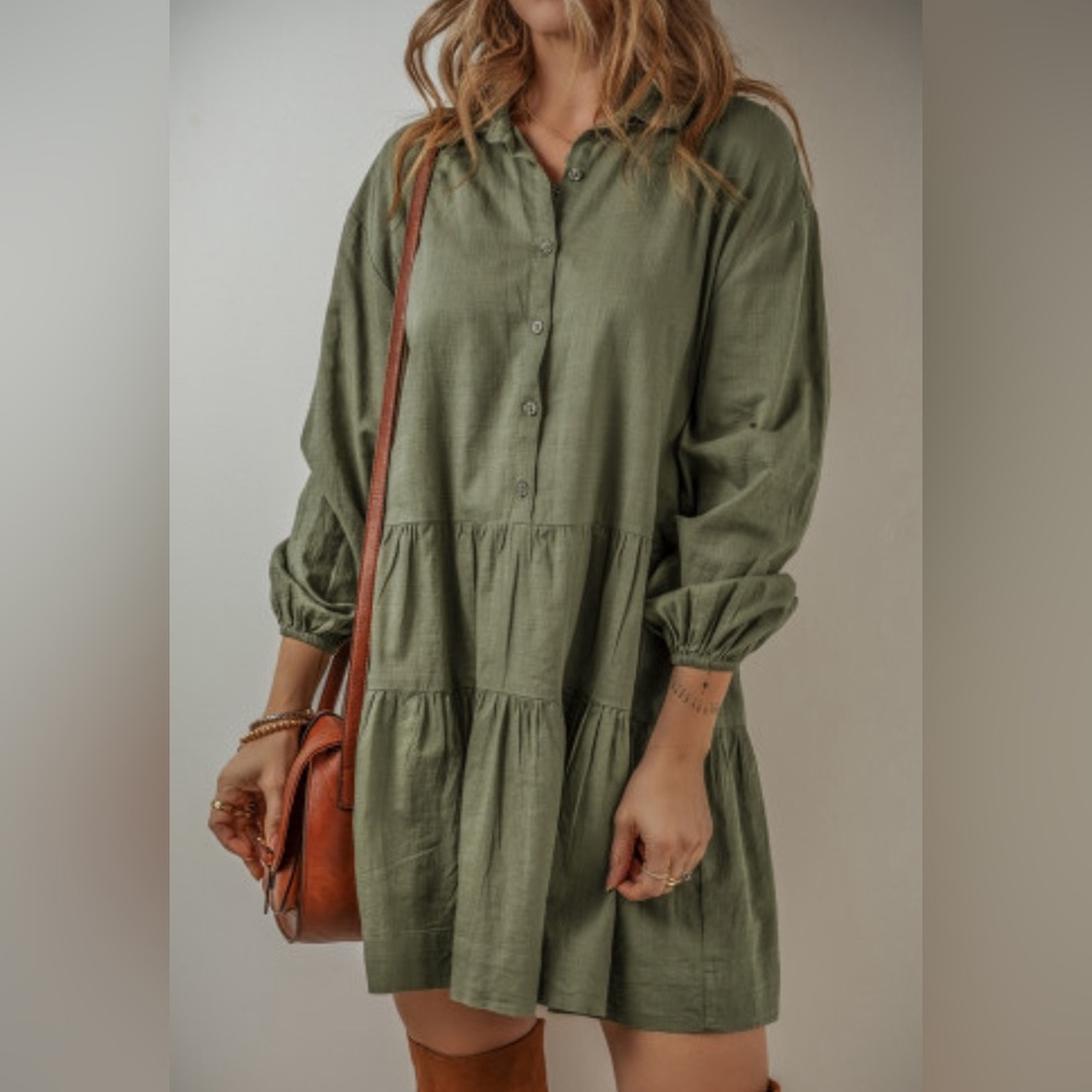Olive pleated mini dress - Picture 2 of 5